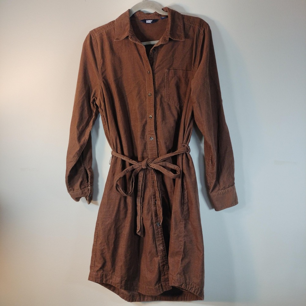 Lands End Womens Brown Corduroy Shirt Dress Long Roll Tab Sleeve Tie Belt Size M